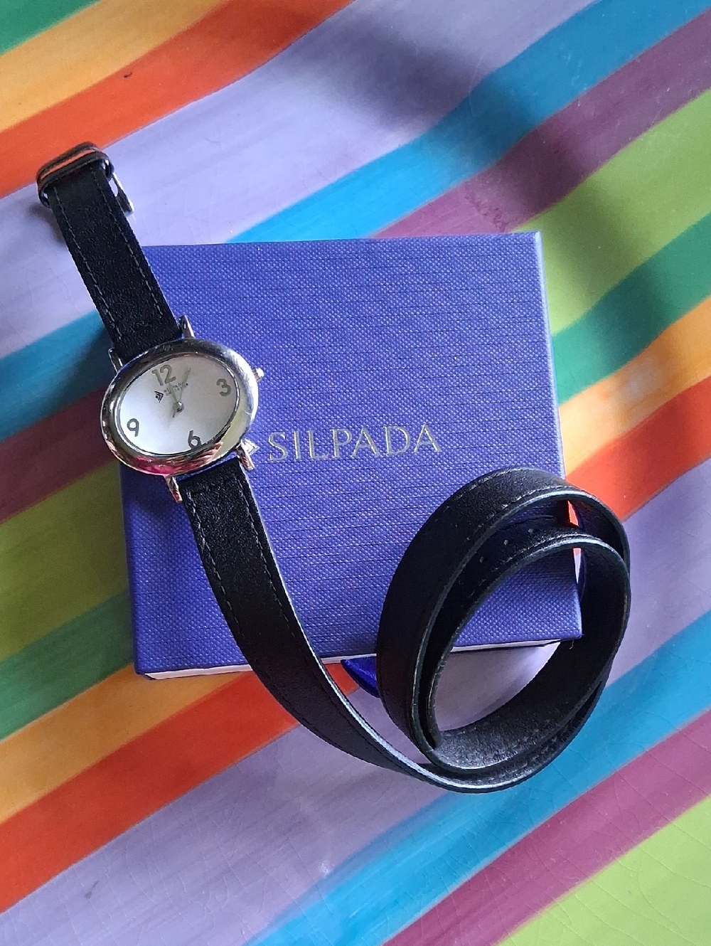 Silpada Black Leather Double-Wrap Watch with Silver Case